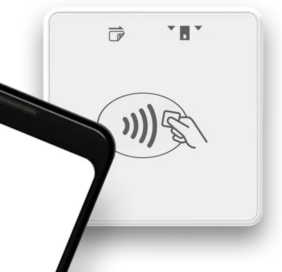 A phone tapped against the 3-in-1 contactless reader to take a payment.