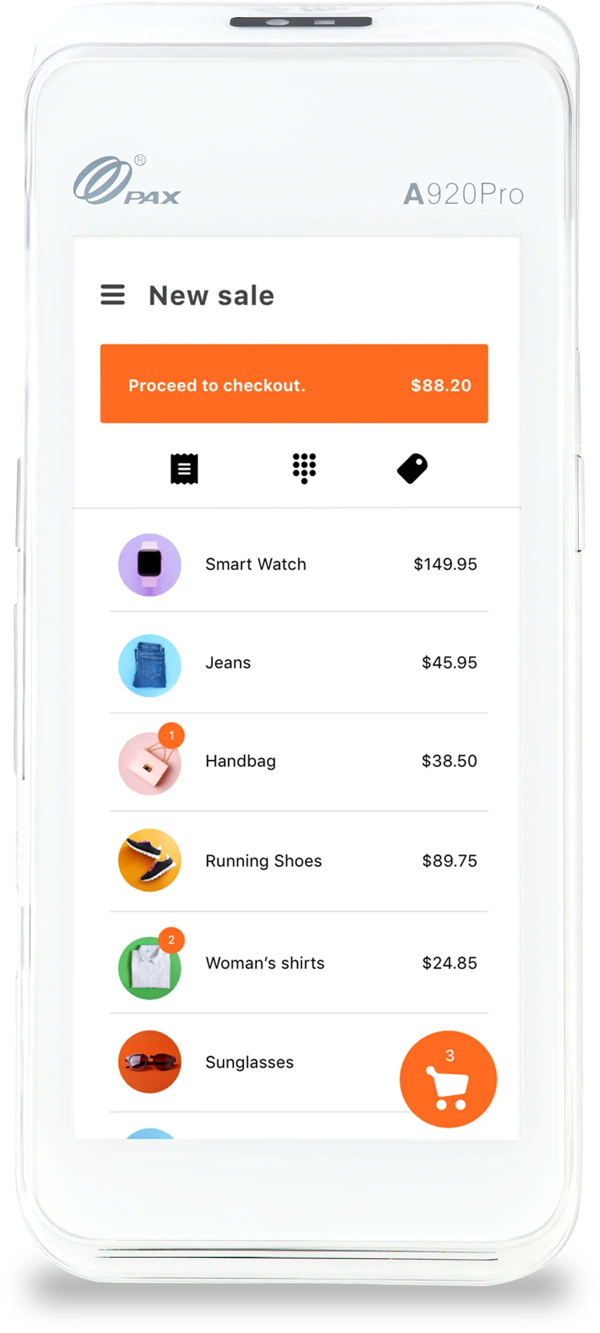 The Payanywhere Smart Terminal mid-sale, an itemised basket totalling $88.20 on screen.